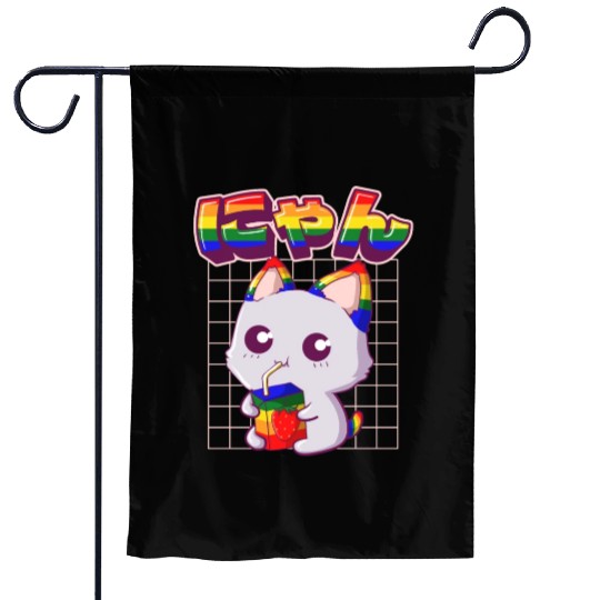 Gay Pride Kawaii Cat Strawberry Milk Rainbow Flag Garden Flags