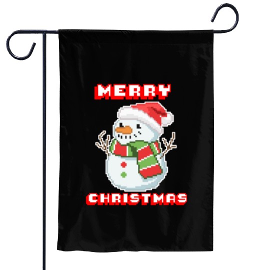 Merry Christmas I Xmas I 8 Bit Pixelated Snowman Garden Flags