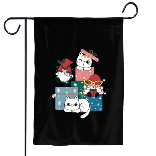 cute gnome and kitty cats on present gift box Garden Flags