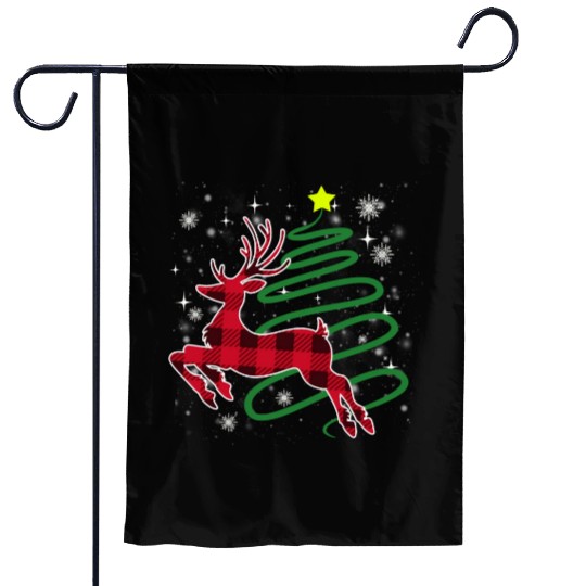 Red Plaid Reindeer Buffalo Deer Family Pajama Garden Flags