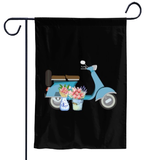 Blue Retro Scooter With Tulips Art Design Garden Flags