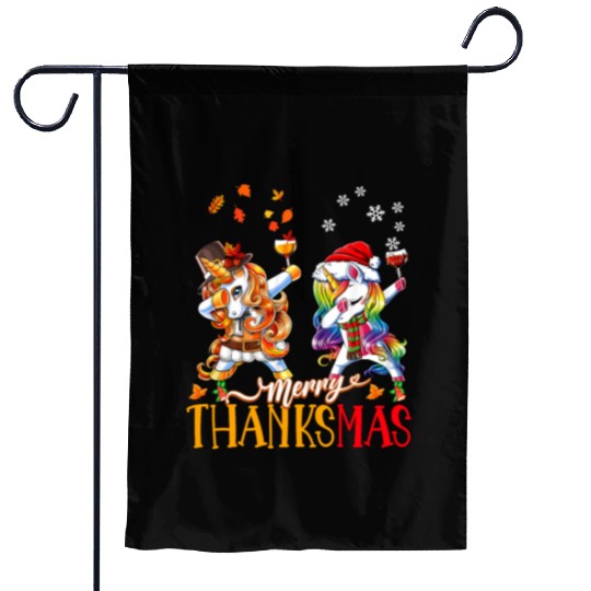 Merry Thanksmas funny unicorn Thanksgiving xmas Garden Flags