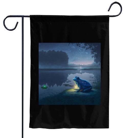 Blue Frog and Firefly on a pond at Night Garden Flags