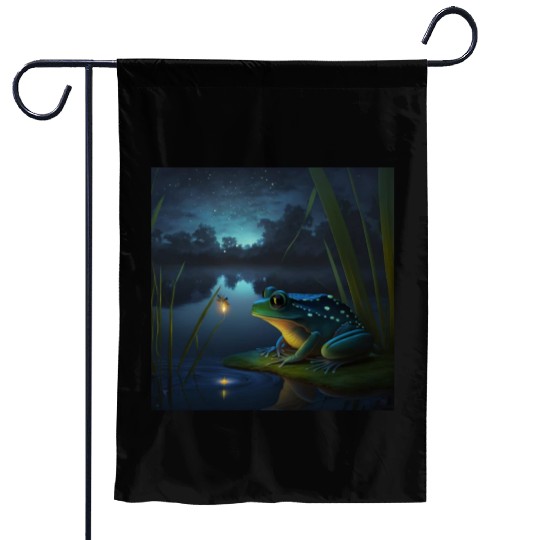 Frog and Firefly Friends on the Pond at Night Garden Flags