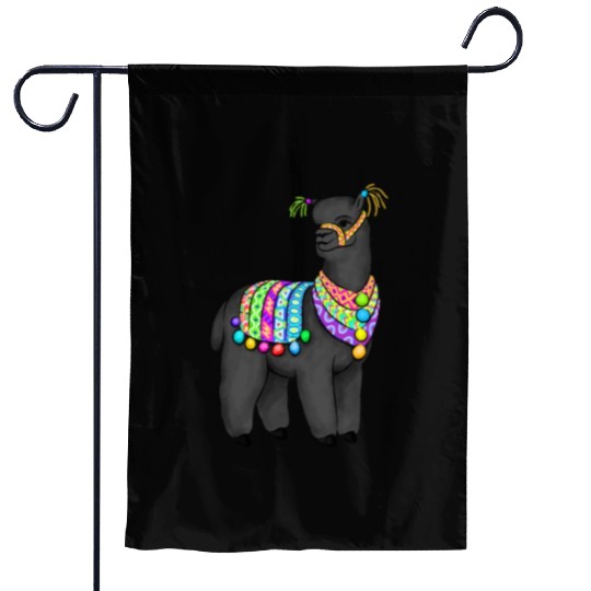 Black Alpaca in Peruvian folk colors and tassels Garden Flags