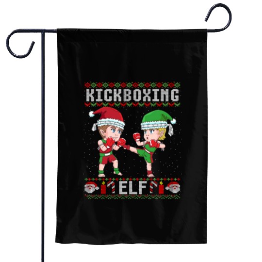 Funny Kickboxer Elf Ugly Christmas Boxing Garden Flags