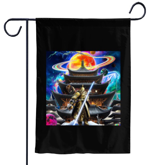 Painting of a warrior fighting in an alien world. Garden Flags