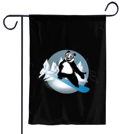 cool panda bear is snowboarding in the mountains Garden Flags