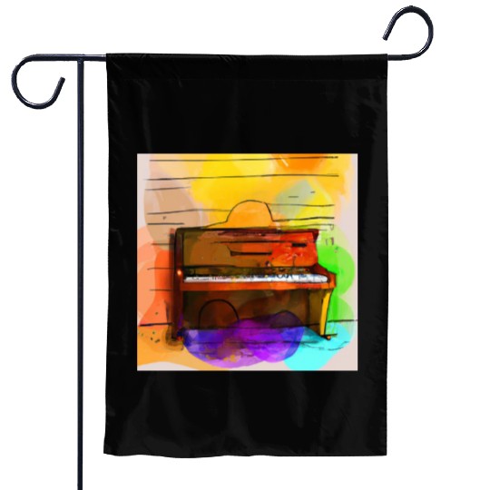 A beautiful piano in front of a colorful wall Garden Flags