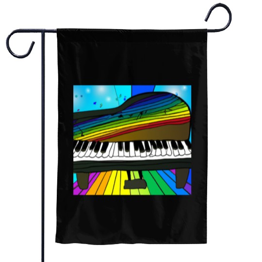 piano in front of a colorful rainbow Garden Flags