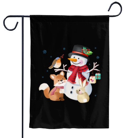 Snowman with fox, rabbit and robin Garden Flags