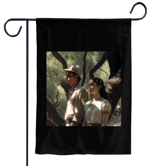 screengrab from a 1920s film scene beautiful Garden Flags