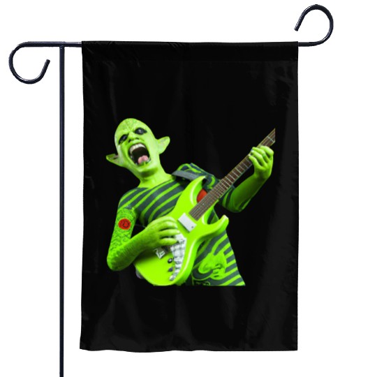 Huge green alien jamming on an electric guitar. Garden Flags