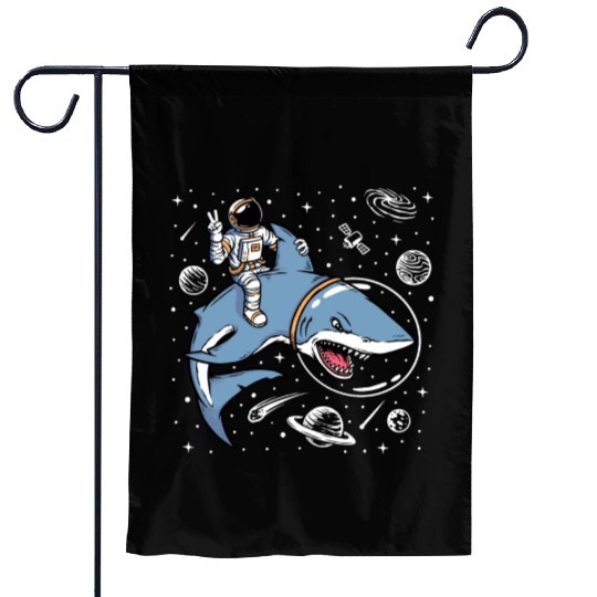 Astronaut riding shark in space Garden Flags