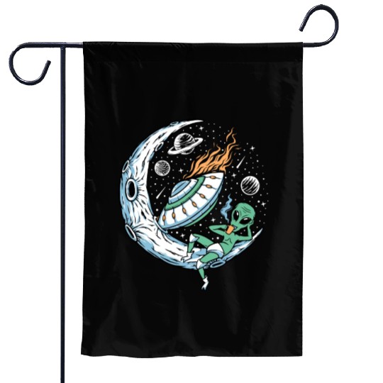 Alien lounging on moon coffee Garden Flags