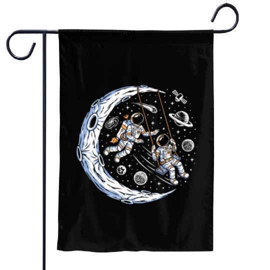 Astronauts on swing on moon Garden Flags