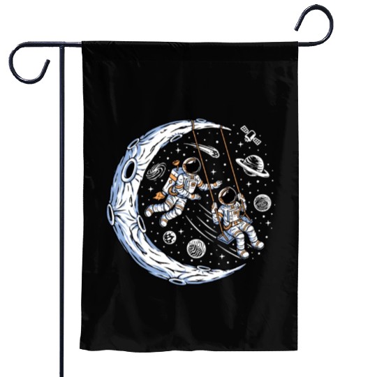 Astronauts on swing on moon Garden Flags