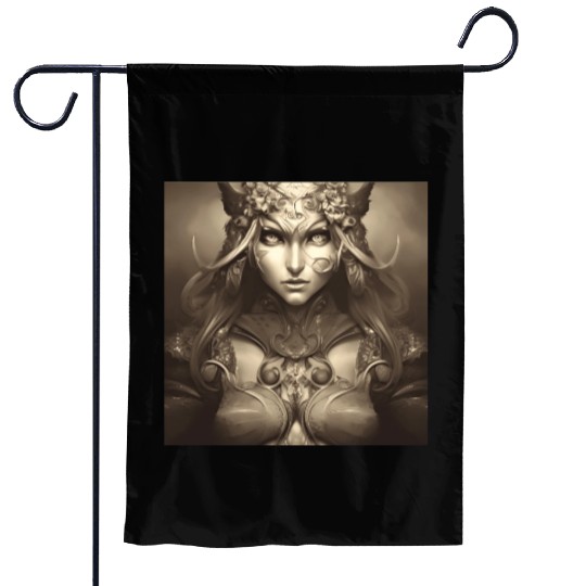 Warrior princess wearing gothic plate dark fantasy Garden Flags