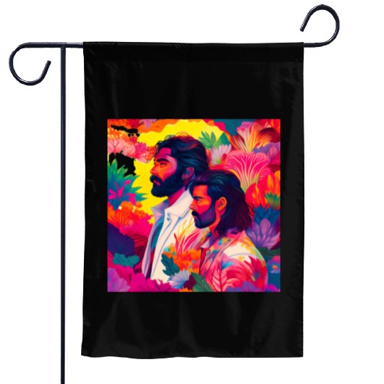 Two men standing in colorful psychedelic nature Garden Flags