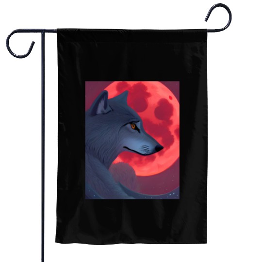 A Grey Wolf Staring at a Blood Moon Garden Flags