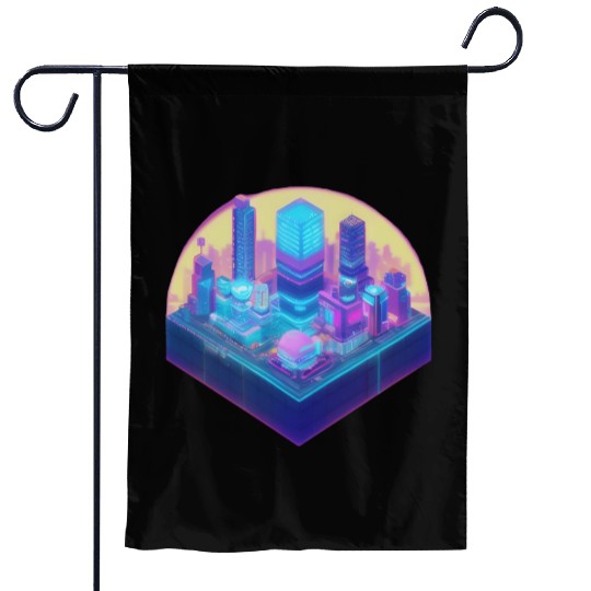 Small City Block - Isometric Style - Retro Sunset Garden Flags