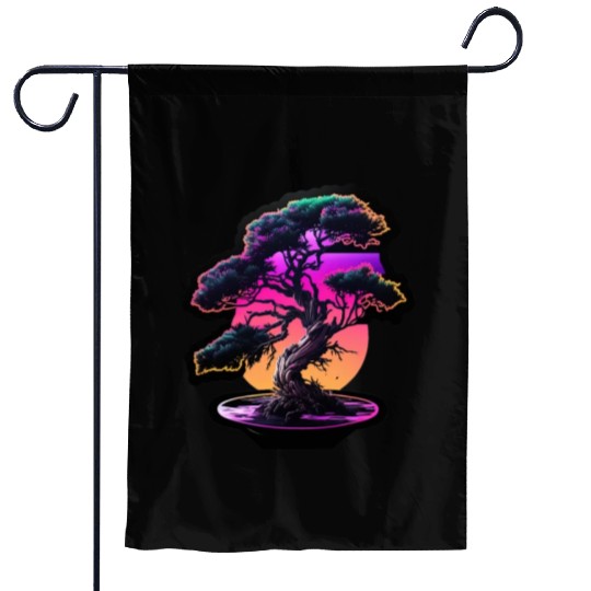 Synthwave Bonsai Tree Garden Flags