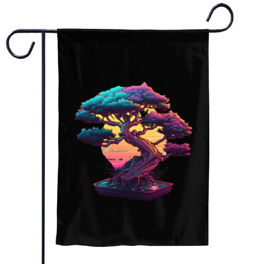 Synthwave Bonsai Tree Garden Flags