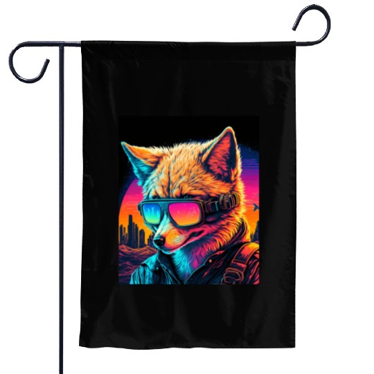 Retro Futuristic Synthwave Fox Garden Flags