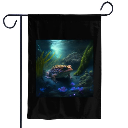 A toad in a creek the toad has blue glowing eyes Garden Flags