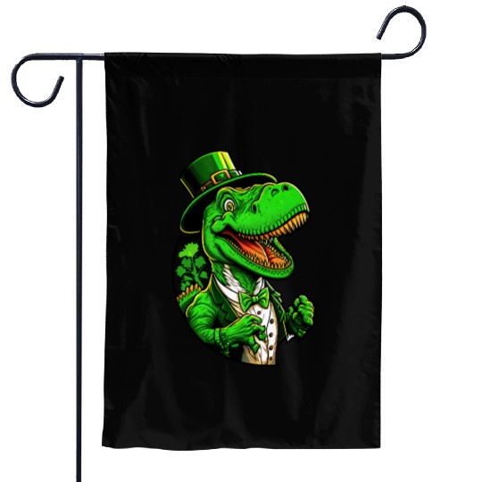 St Patricks Day T-rex Dinosaur With Top Hat Garden Flags