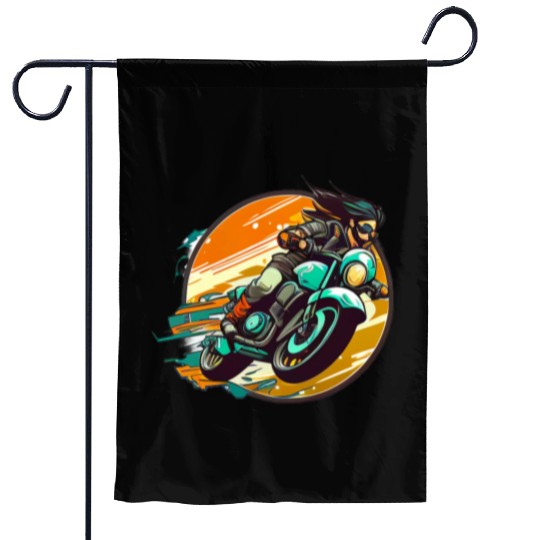 Man Riding Green Motorcycle Garden Flags