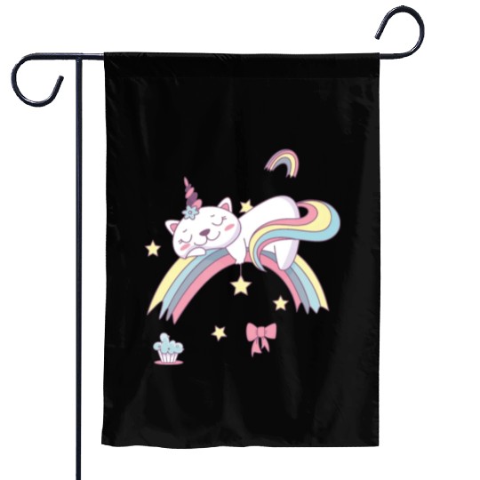 Unicorn Kawaii Cat Cartoon Over Rainbow Garden Flags