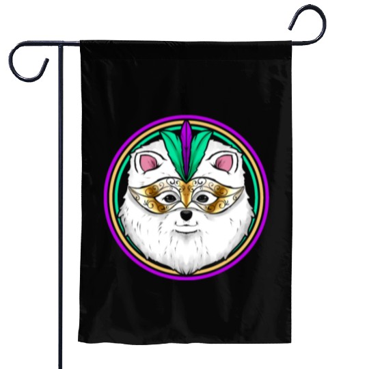 Pomeranian Or Samoyed Dog With Mask For Mardi Gras Garden Flags
