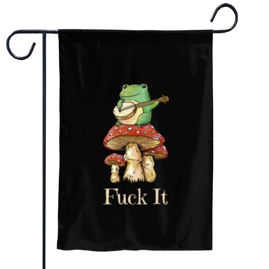 Cottagecore Frog Playing Guitar says Fuck It Garden Flags