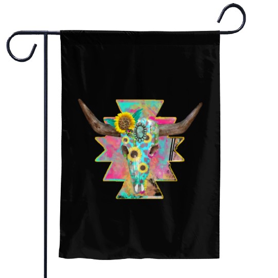 Colorful Floral Bull Skull Garden Flags