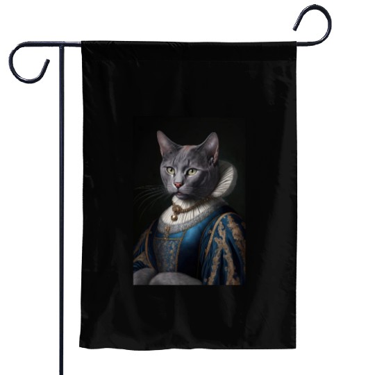 Russian Blue Cat Breed Portrait Royal Renaissance Garden Flags