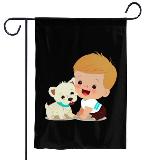 Sweet baby smiling with lovely puppy Garden Flags