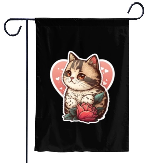 Lovely Cat In Valentine’s Day Garden Flags