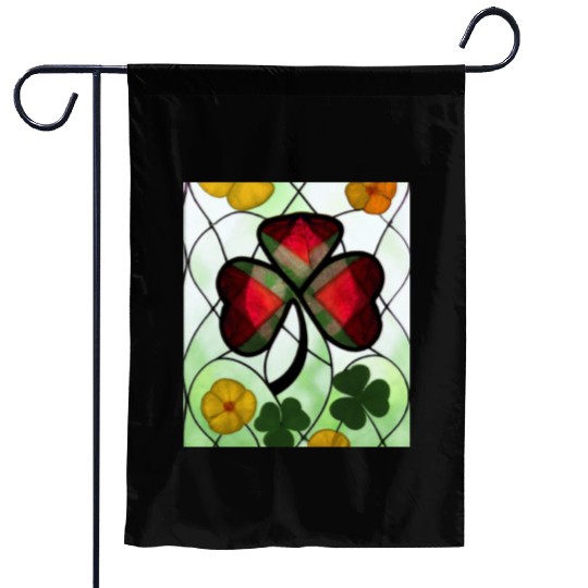 Red plaid Shamrock with Yellow Poppies (AI Art) Garden Flags