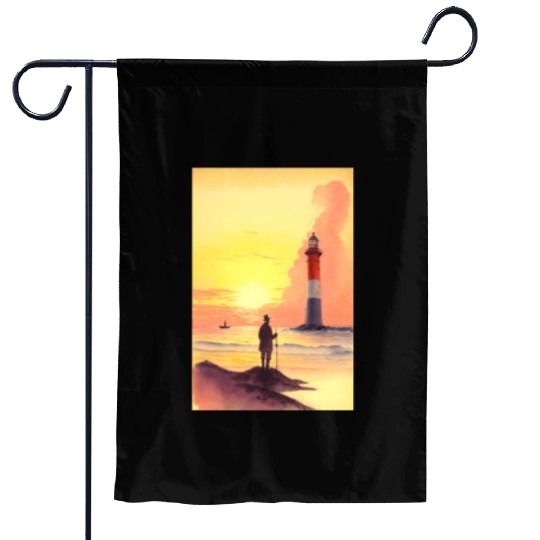 Serene Sunrise Beach Scene with Lighthouse and Fis Garden Flags
