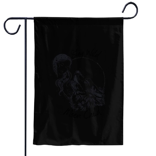Stay Wild Moon Child Wolf Howling at Moon Goddess Garden Flags