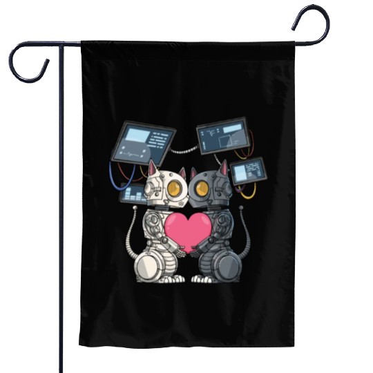 Robot Cat in Love for a Robotic Engineer Garden Flags