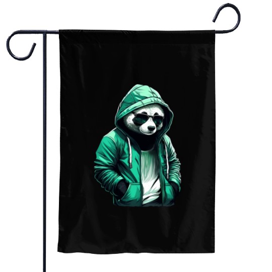 Cool Panda with Green Garden Flags and Sunglasses