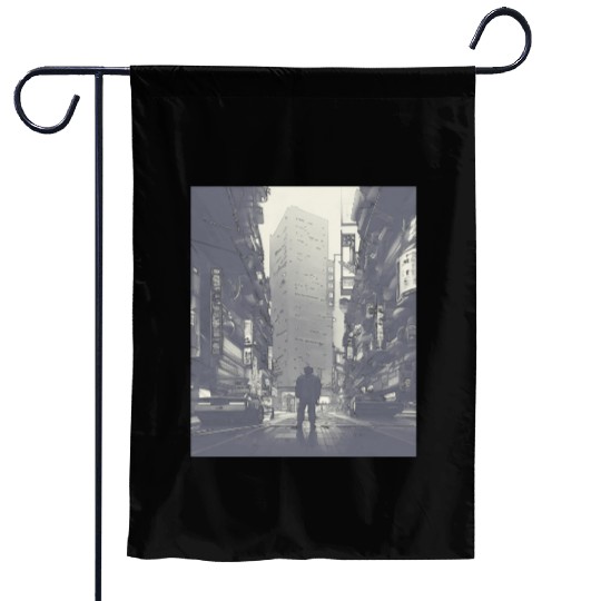 Future city person cyberpunk vaporwave neon lights Garden Flags