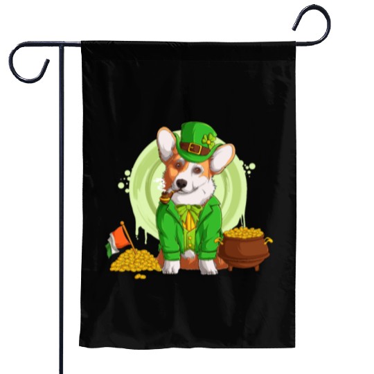 Irish Flag Corgi Dog Smoking a Pipe, Shamrock St P Garden Flags