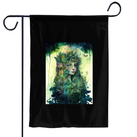 Nature Goddess - Woodland Witchy Forest Greenwoman Garden Flags