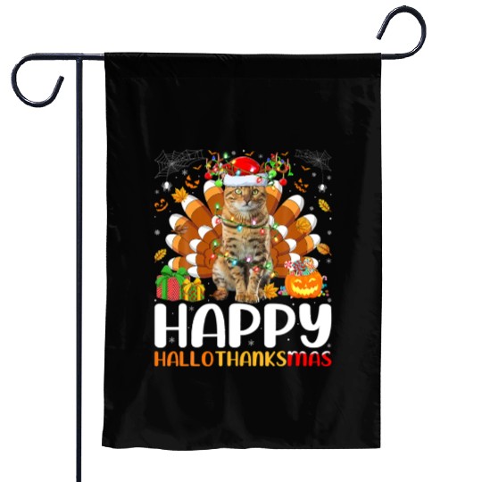Cat Lover Halloween Christmas Happy Hallothanksmas Garden Flags