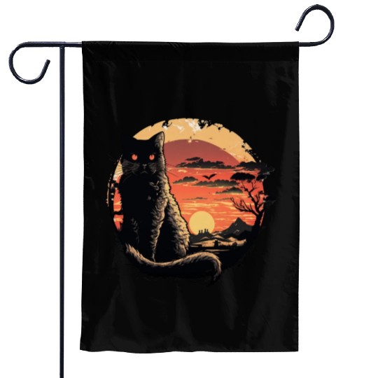 Catzilla Vintage Funny Cute black Cat Art Japanese Garden Flags