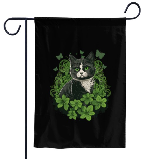 Black and white cat with ivy and butterflies Garden Flags