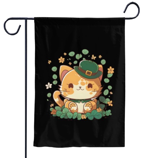 Kawaii Orange Cat Funny Shamrock St Patrick's Day Garden Flags